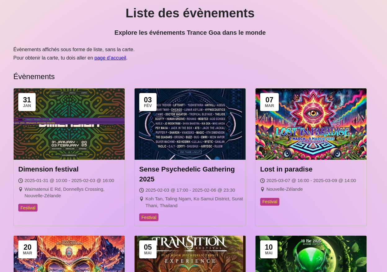 Liste des évènements en vue grille