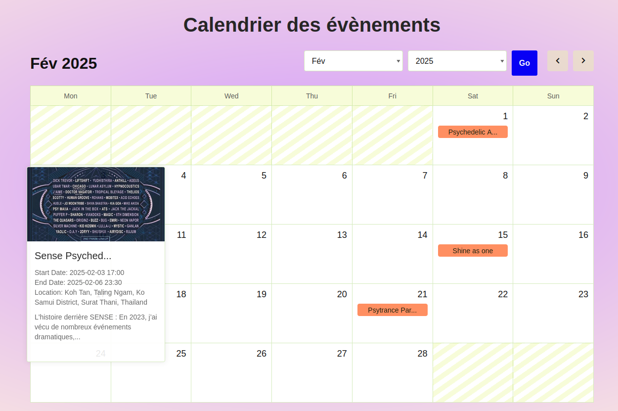 Calendrier des évènements