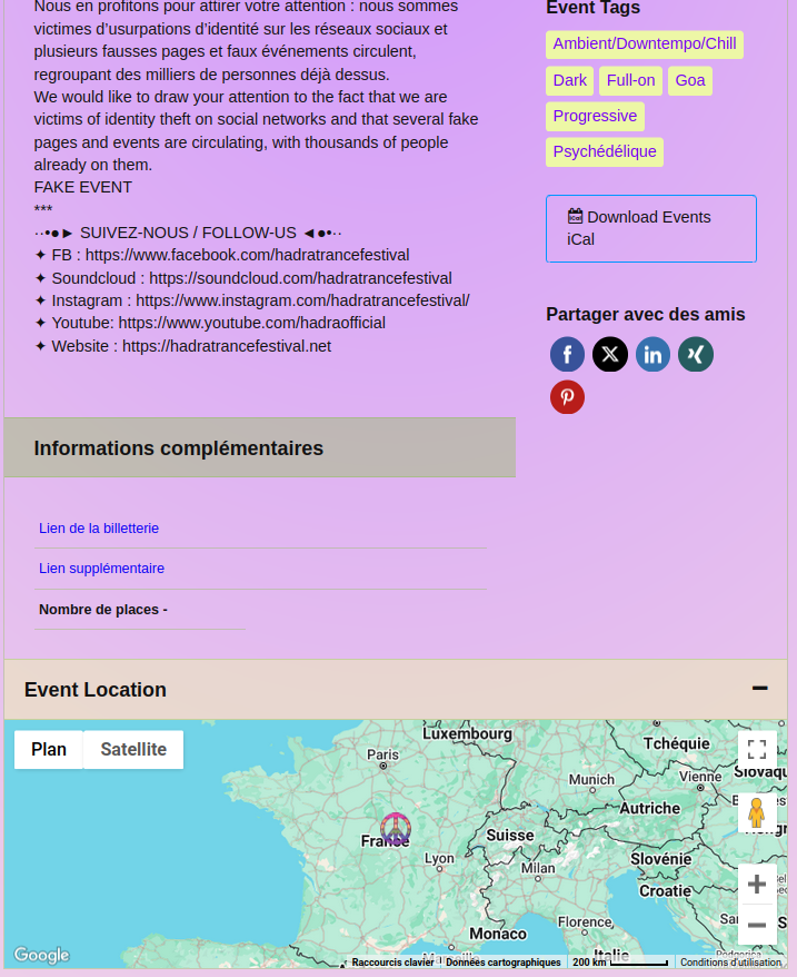 Fiche évènement avec carte